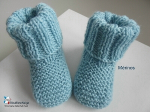 chaussons bleu merinos  fait-main tricot bebe modele layette bb
