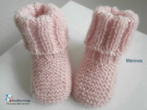 chaussons roses merinos  fait-main tricot bebe modele layette bb