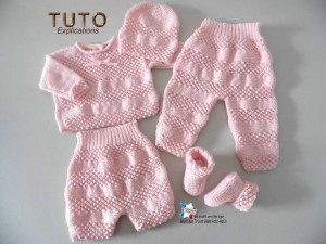 Brassiere rose bonnet chaussons pantalon et bloomer tricot bebe à tricoter