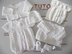 Brassiere blanc lait cardigan combinaison bebe bonnet et chaussons tuto a tricoter 
