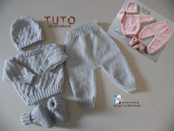Brassiere gris ou rose  bonnet pantalon et chaussons bb patron layette bebe a tricoter