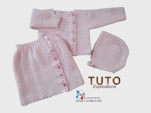 Brassiere rose,  jupe et beguin bb patron layette bebe a tricoter