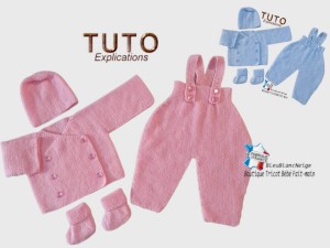 Brassiere bleue ou rose  croisee, pantalon, bonnet et chaussons bb modele layette bebe patron a tricoter tuto