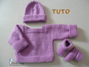 Brassiere violette barisienne bonnet et chaussons bb modele layette bebe patron a tricoter tuto