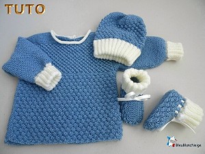 Brassiere bleue astrakan bonnet et chaussons bb modele layette bebe patron a tricoter tuto
